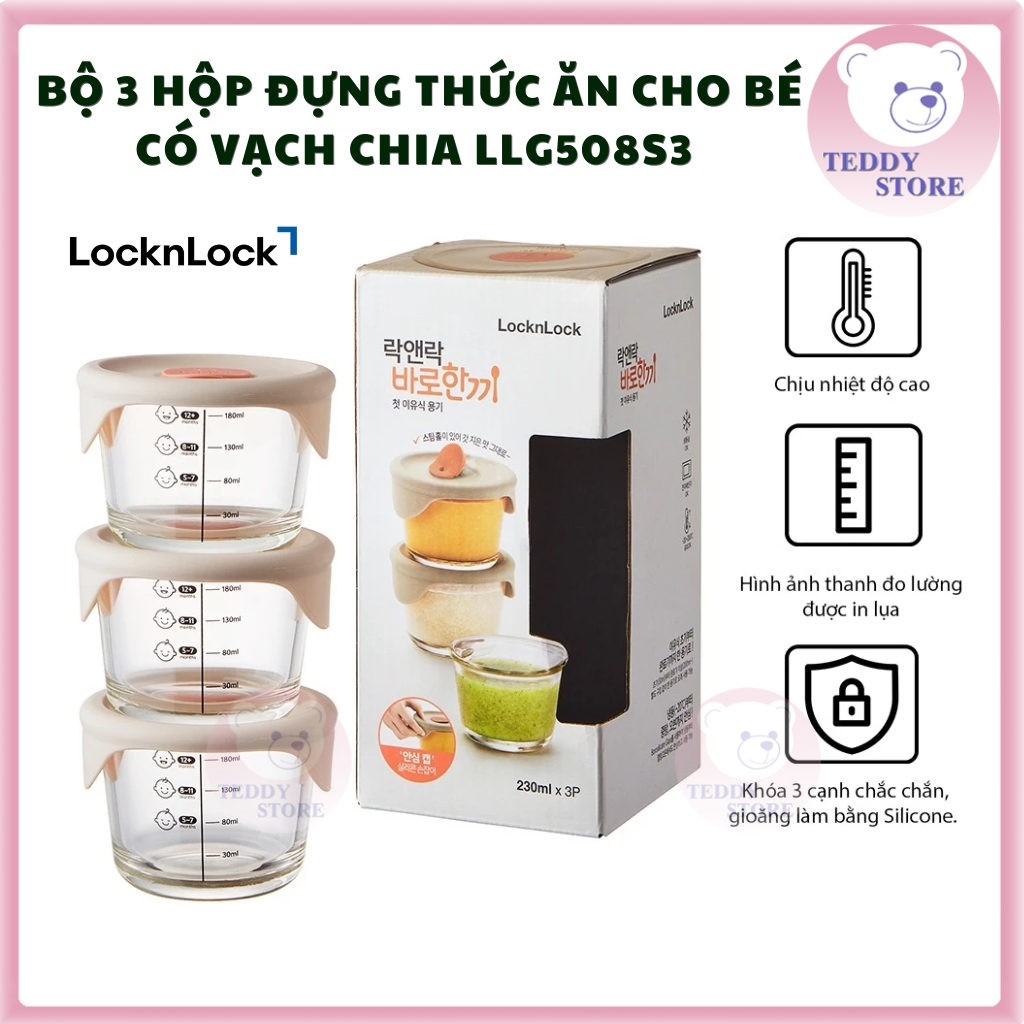 Hộp đựng thức ăn cho bé Lock&Lock baby food container có vạch chia 230ml*3 hộp - LLG508S3