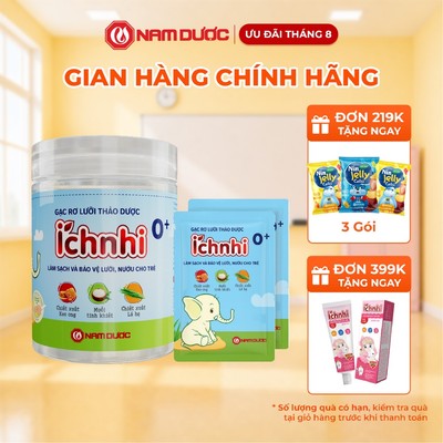 GẠC RƠ LƯỠI THẢO DƯỢC ÍCH NHI 0+ CHO BÉ, Hộp 30 gói x 1 gạc, Giúp làm sạch nướu, lưỡi, răng miệng