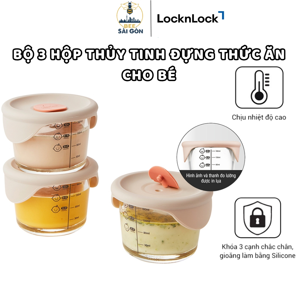 Bộ 3 Hộp thủy tinh đựng thức ăn cho bé Lock&Lock LLG508S3 230ml - Set 3 hũ thủy tinh có nắp đậy
