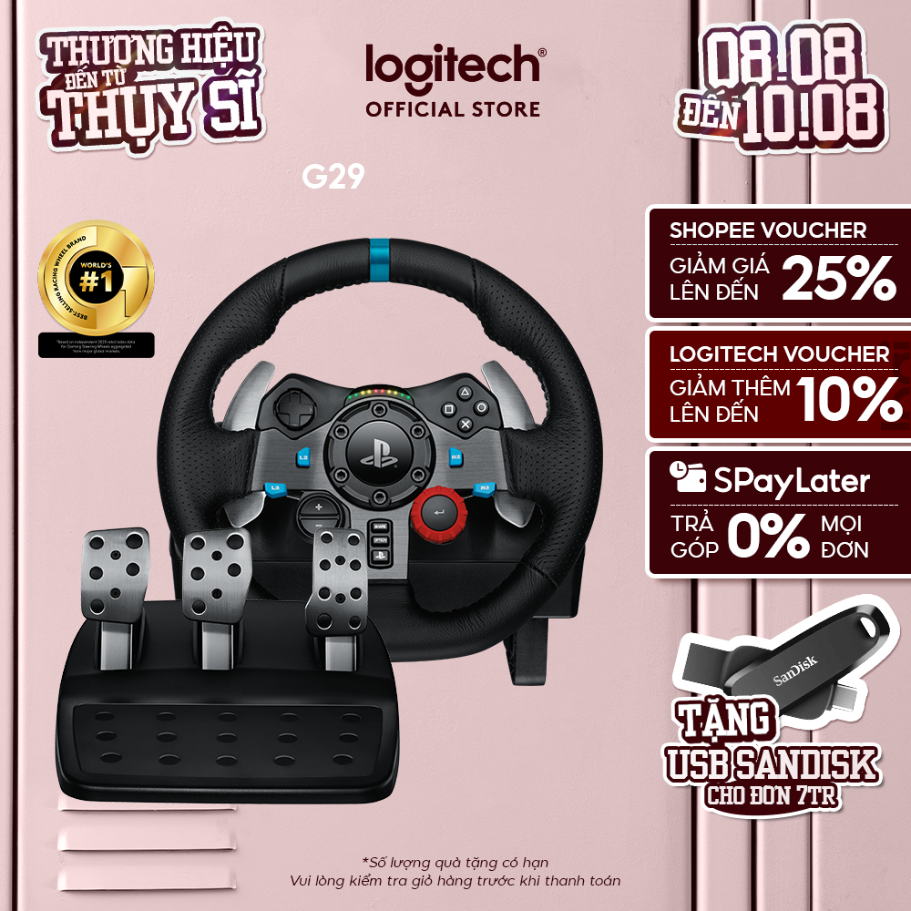 Vô lăng đua xe Logitech G29 Driving Force và bàn đạp thép không gỉ, tay lái bọc da, phù hợp PS5, PS4