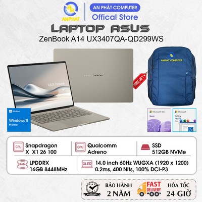 Laptop ASUS ZenBook A14 UX3407QA-QD299WS, Snapdragon X X1 26 100, 16GB, 512GB, 14.0 FHD+ OLED, Win11, Office24, Basic365