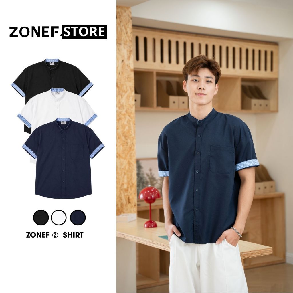 Áo Sơ Mi Nam Cổ Tàu Phối Viền Caro ZONEF STORE, Áo Sơ Mi Ngắn Tay Unisex Chất Vải Thô Hàn Phong Cách