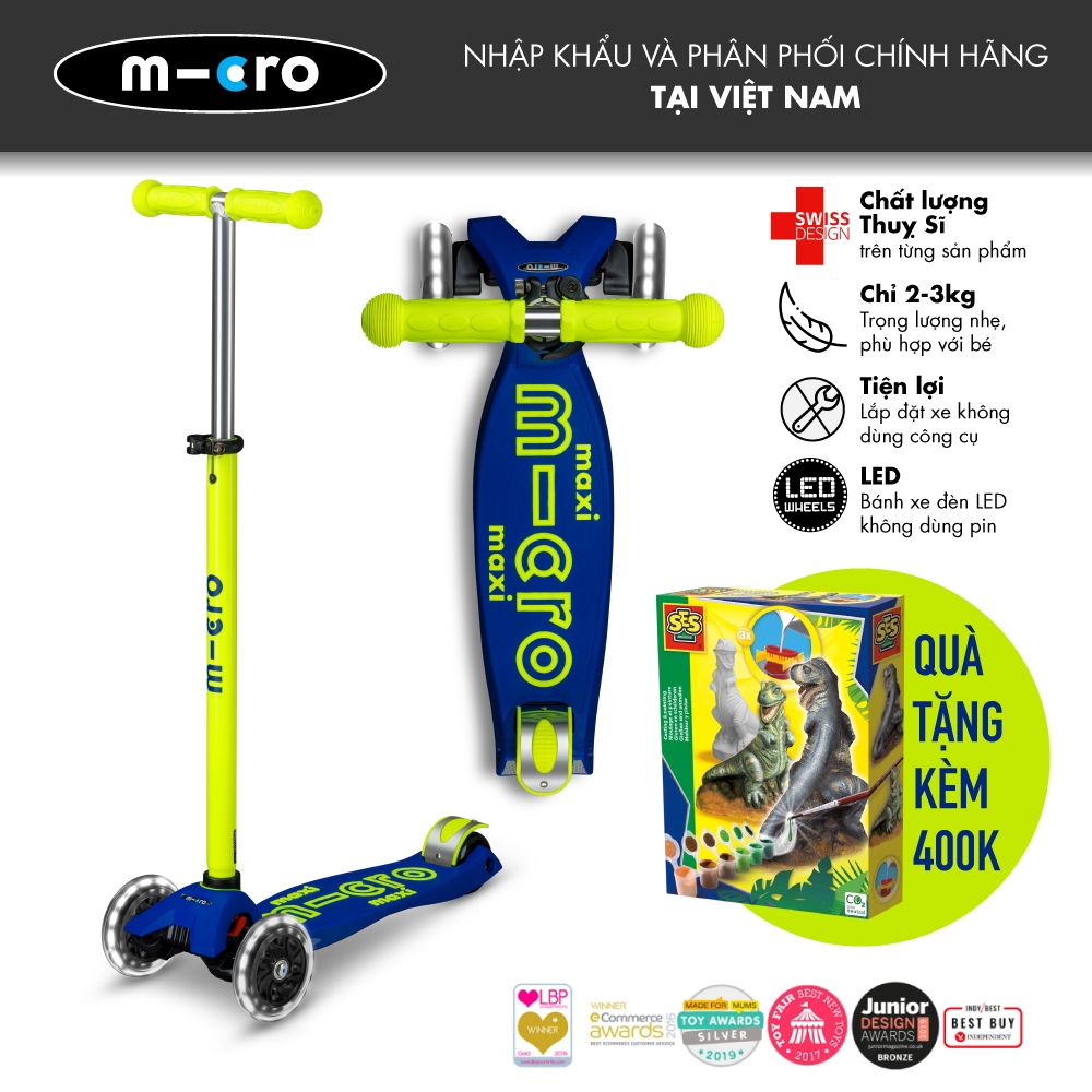 Xe scooter Micro Maxi Deluxe LED Canary Yellow cho trẻ 5-12 tuổi - Tặng kèm quà