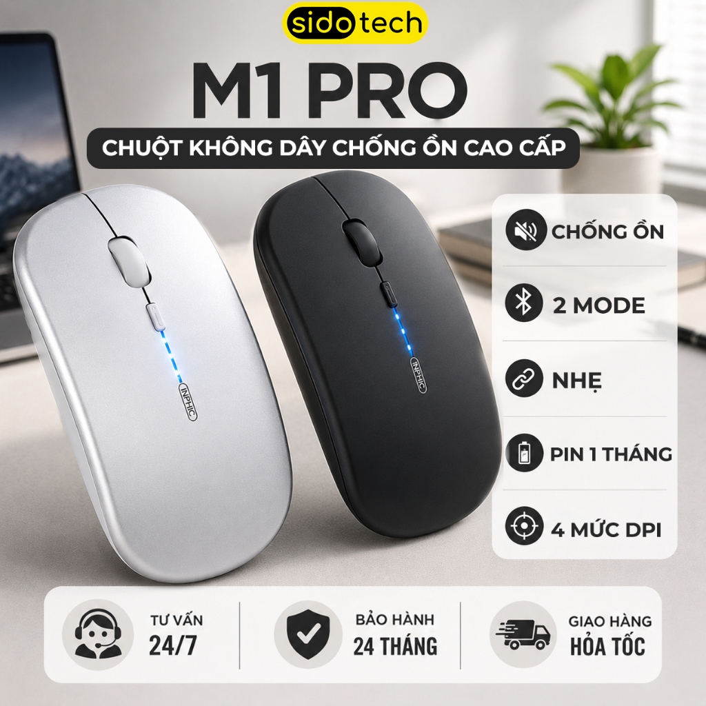 Chuột không dây bluetooth sạc pin SIDOTECH INPHIC M1-PRO không tiếng ồn slient tắt âm macbook laptop máy tính