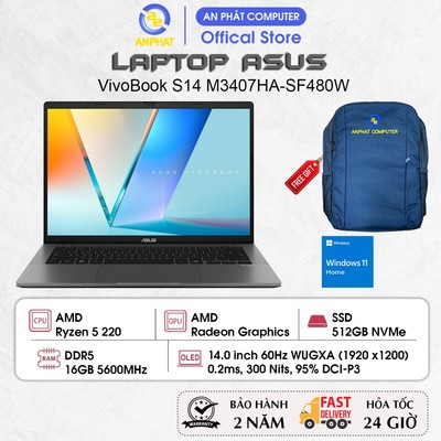 Laptop ASUS VivoBook S14 M3407HA-SF480W, Ryzen 5 220, 16GB RAM, 512GB SSD, 14.0 FHD OLED, Win11