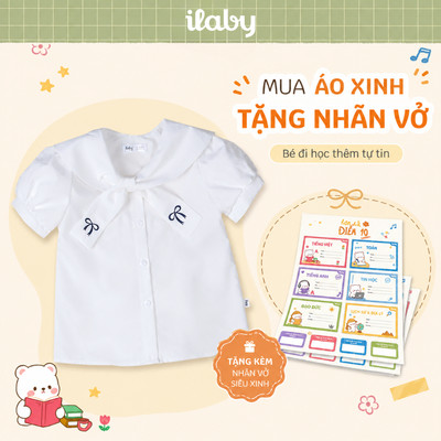 [TẶNG NHÃN VỞ] Áo sơ mi bé gái ILABY cổ thủy thủ tay phồng đính nơ cotton thoáng mát [3221]