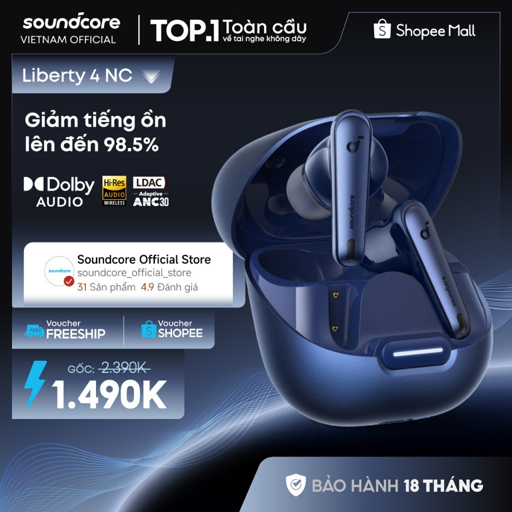 Tai nghe bluetooth soundcore Liberty 4NC | Chống ồn ANC 50 giờ phát nhạc | Sạc nhanh | Tích hợp phiên dịch