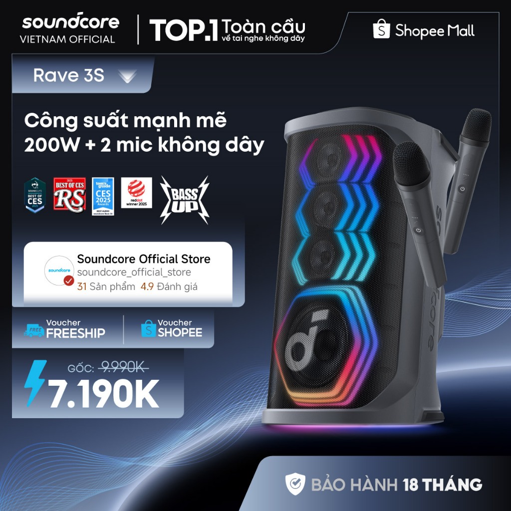Loa bluetooth karaoke party soundcore Rave 3S | Công suất 200W | 2 mic không dây