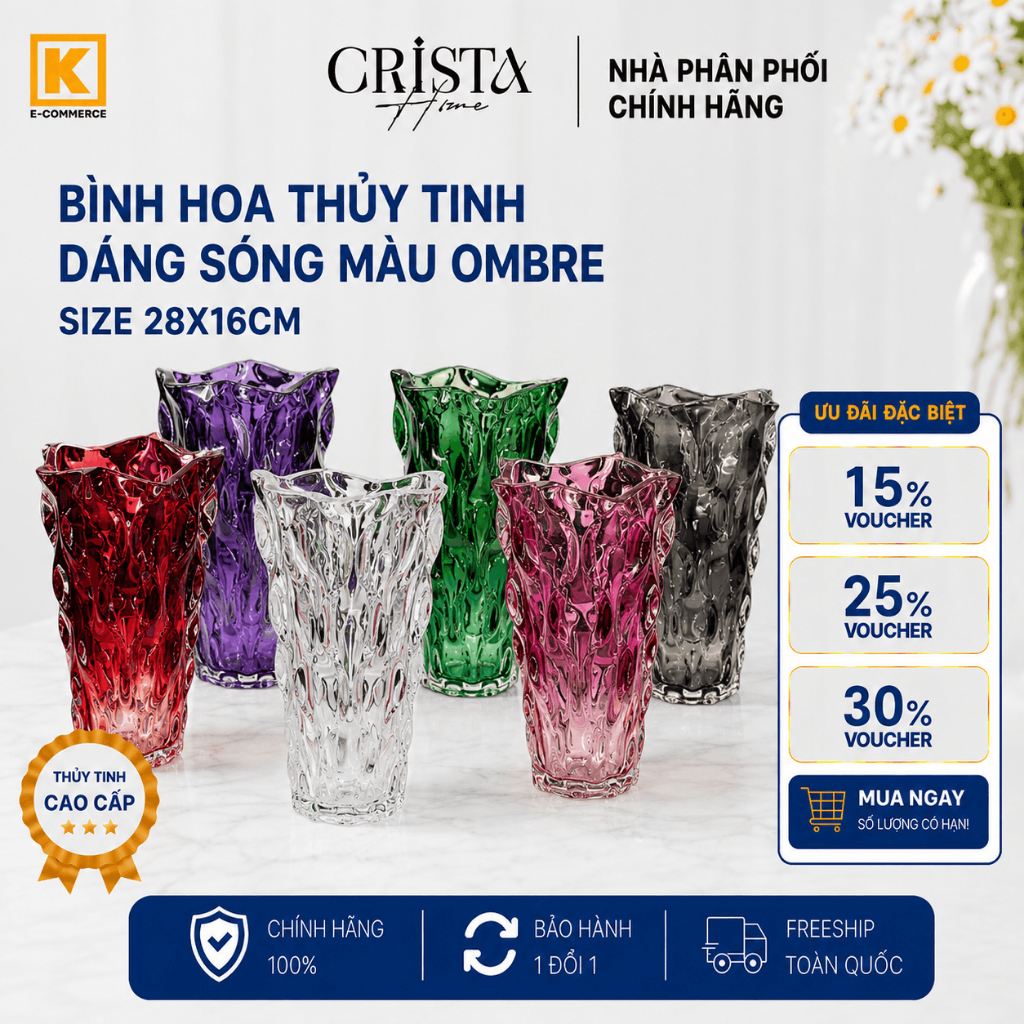 BÌNH HOA THỦY TINH DÁNG SÓNG MÀU OMBRE SIZE 28 X 16 CM CRISTA HOME: 60230
