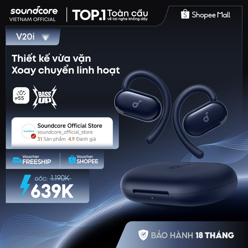 Tai nghe bluetooth Open-Ear soundcore V20i thiết kế mở | Siêu gọn nhẹ | Chống nước và bụi IP55 | Tích hợp phiên dịch