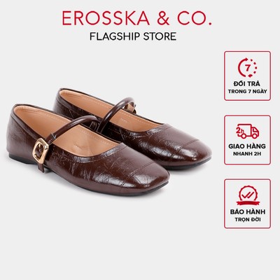 Erosska - Giày búp bê nữ ballet core mũi vuông, quai ngang phối khóa màu nâu  - EL084