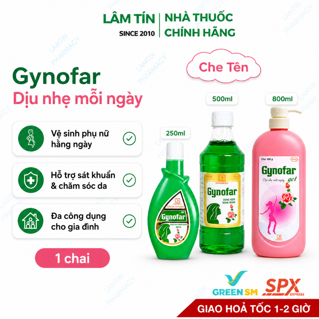 ✅(Chính Hãng) Gynofar Vệ Sinh Phụ Nữ Dung Dịch Dùng Ngoài, Sát Trùng Ngoài Da Chai 250ml, 500ml, 800