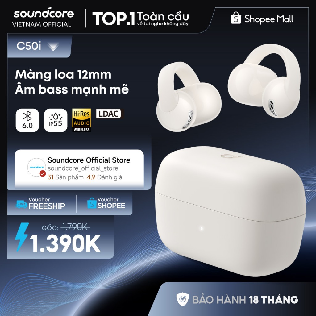 Tai nghe bluetooth Open-Ear Soundcore C50i | Màng loa 12mm | Pin 7h/28h | Bluetooth 6.0| Bảo hành 18 tháng