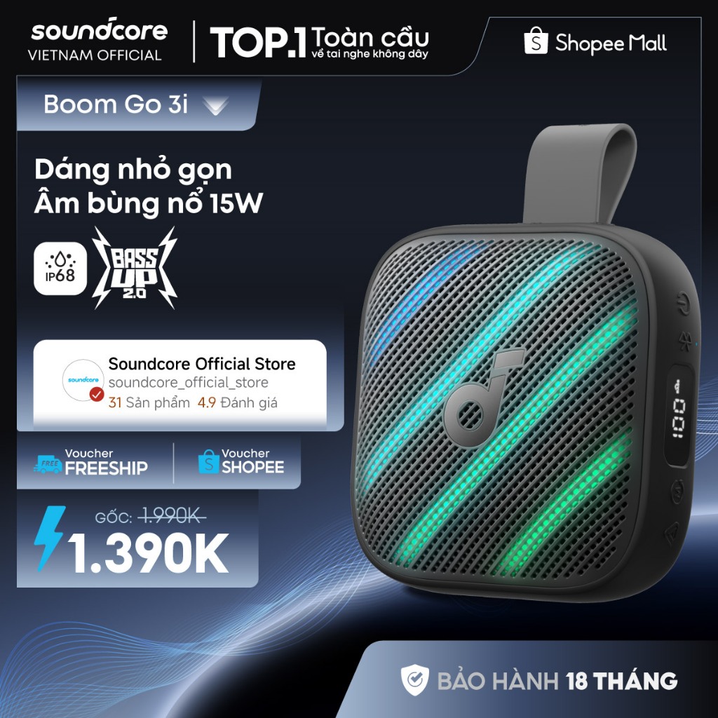 Loa bluetooth Soundcore Boom Go 3i | Pin 24h | Công suất 15W | Đèn LED 6 chế độ