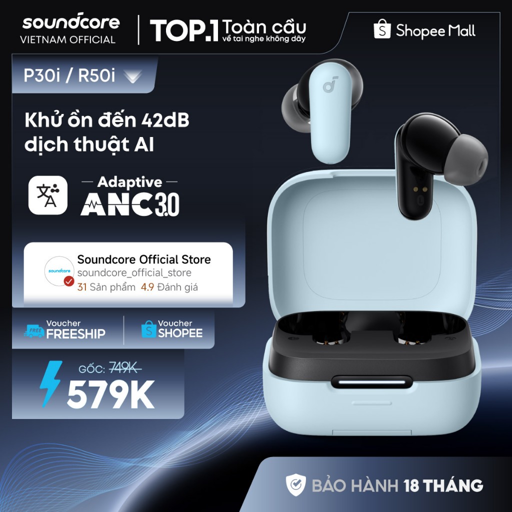 Tai nghe bluetooth soundcore R50i NC | Chống ồn ANC | Chống nước và bụi IP54 |40 giờ|Tích hợp phiên dịch