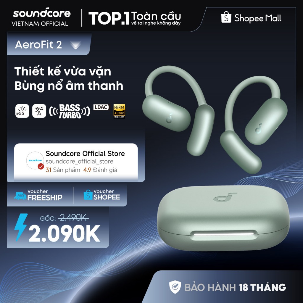 Tai nghe bluetooth Open-Ear soundcore AeroFit 2 | Móc tai tùy chỉnh | Chống nước và bụi IP55 | Tích hợp phiên dịch