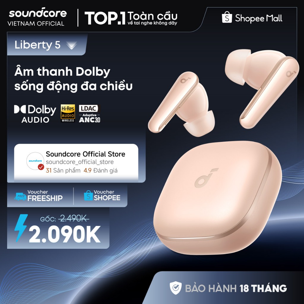 Tai nghe bluetooth soundcore Liberty 5 ANC 3.0 | Pin 48 giờ | Kháng bụi, nước IP55 | Tích hợp phiên dịch