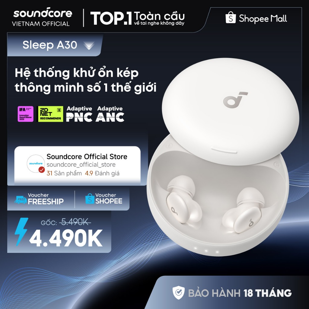 Tai nghe ngủ Soundcore Sleep A30 |Theo dõi giấc ngủ | Làm dịu tiếng ngáy | Âm thanh sóng não AI