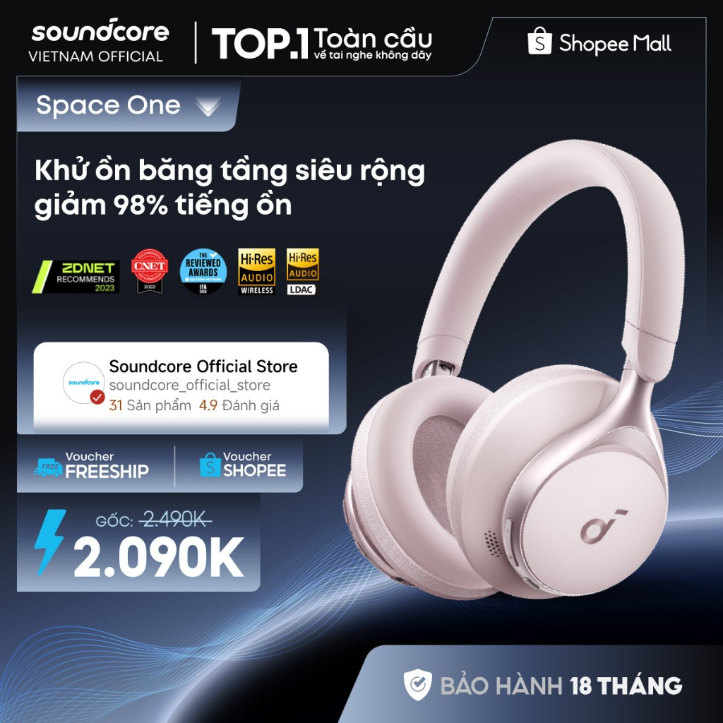 Tai nghe không dây chụp tai soundcore Space One | Âm thanh Hi-res | Giảm ồn 98% | 55h phát nhạc