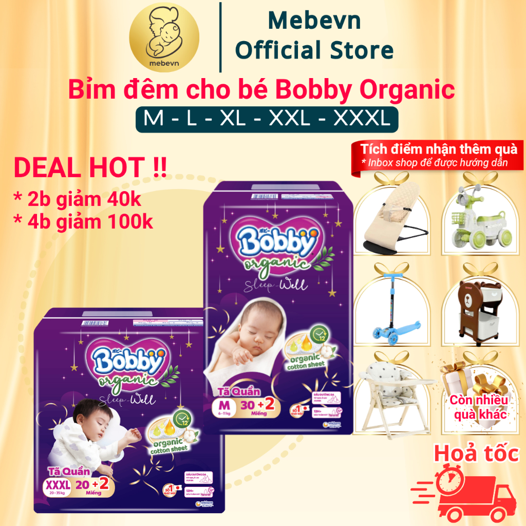 Bỉm đêm cho bé Bobby Organic cao cấp, bỉm bobby quần chính hãng siêu thấm hút đến 12 tiếng