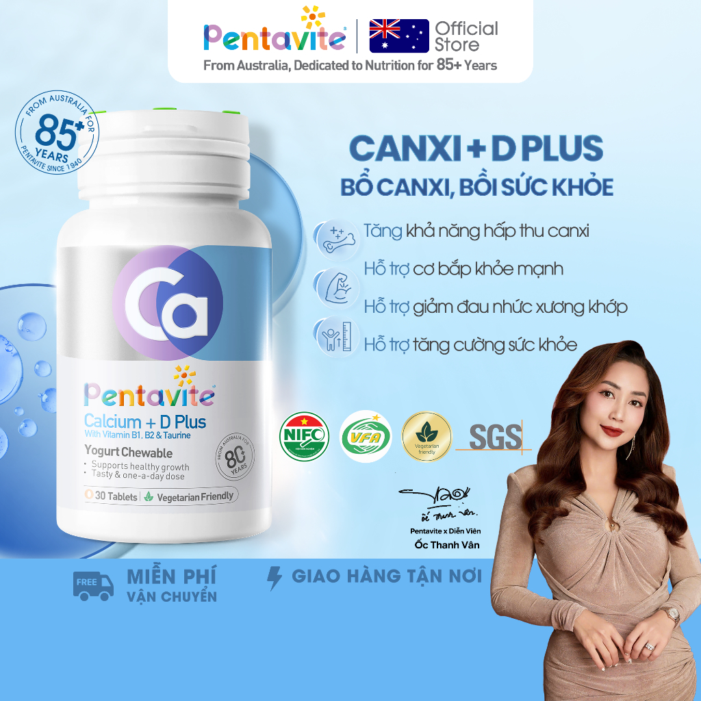 Pentavite Calcium+D Plus Yogurt Chewable Canxi Sữa Chua 5in1 Taurine Dưỡng Chất Thiết Yếu Viên Nhai Canxi Vitamin D