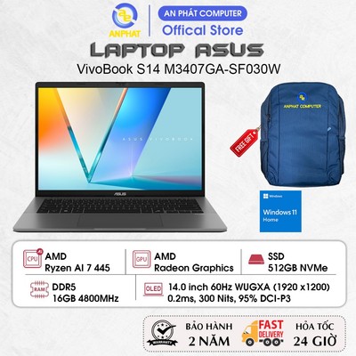 Laptop ASUS VivoBook S14 M3407GA-SF030W, Ryzen AI 7 445, 16GB RAM, 512GB SSD, 14.0 FHD+ OLED, Win11