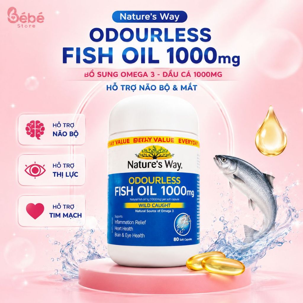 Nature's Way Odourless Fish Oil 1000mg Bổ Sung Omega 3, Dầu Cá 1000mg Hỗ Trợ Não Bộ & Mắt