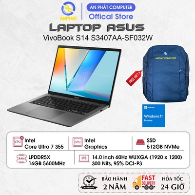 Laptop ASUS VivoBook S14 S3407AA-SF032W, Core Ultra 7 355, 16GB RAM, 512GB SSD, 14.0 FHD+ OLED, Win11