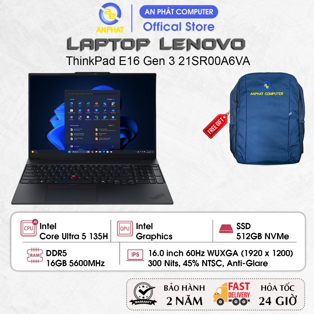 Laptop Lenovo ThinkPad E16 Gen 3 21SR00A6VA, Core Ultra 5 135H, 16GB RAM, 512GB SSD, 16.0 FHD+ IPS, 