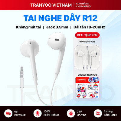 Tai Nghe Có Dây TRANYOO T-R12 Thiết Kế Nhét Tai Không Mút Silicon Jack 3.5mm Gaming, Học Online