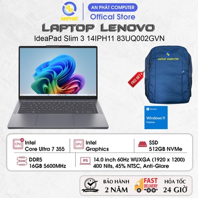 Laptop Lenovo IdeaPad Slim 3 14IPH11 83UQ002GVN, Core Ultra 7 355, 16GB RAM, 512GB SSD, 14.0 FHD+ IPS, Win11