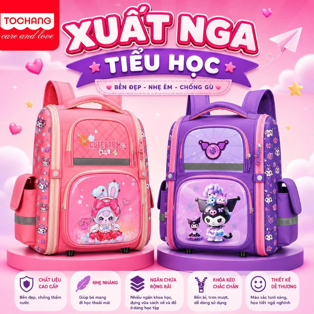 phẩm balo tiểu học chống gù xuất nga bé gái siêu nhẹ nhiều ngăn chống nước cho bé lớp 1-6 TOCHANG