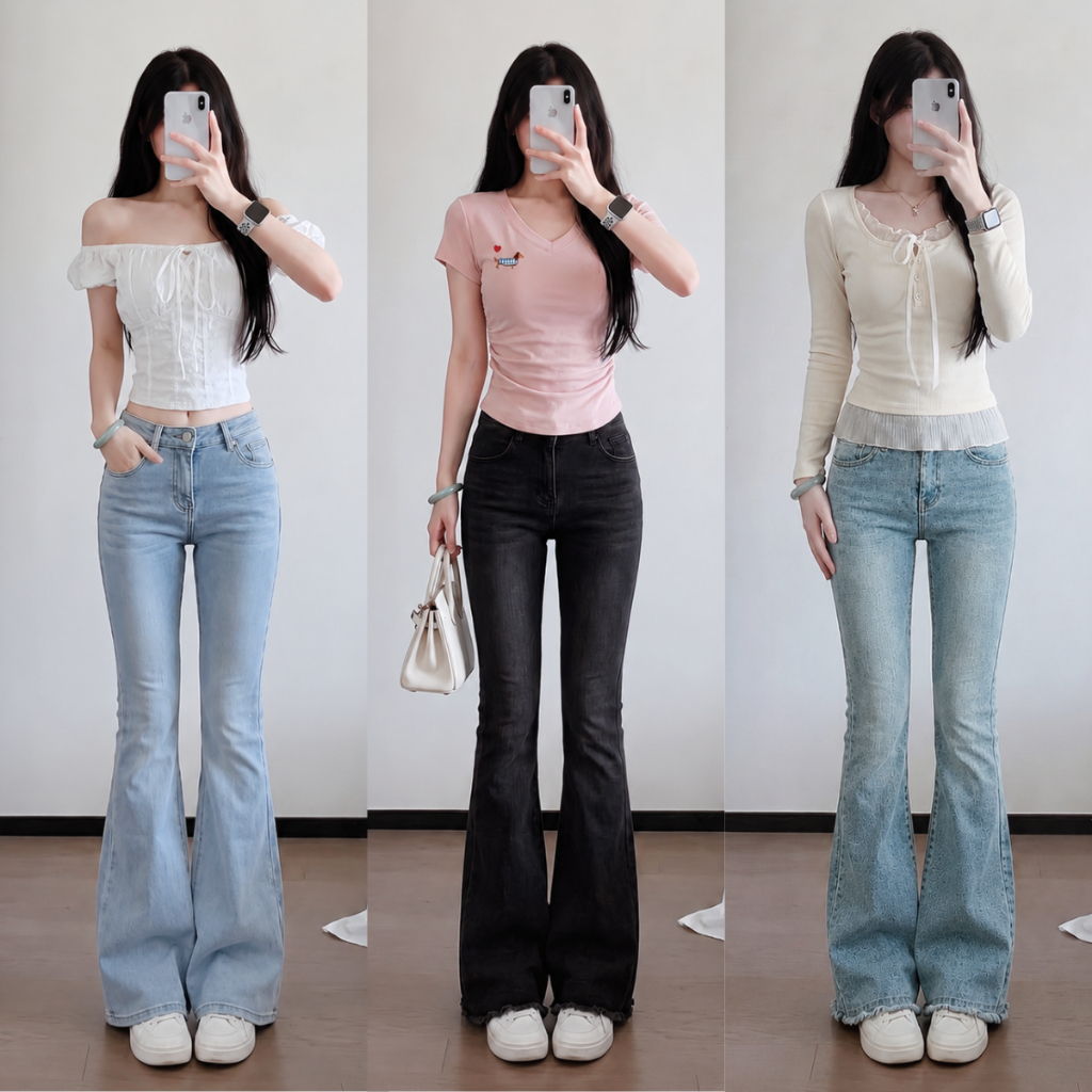 Quần Jean ống loe nữ MIAA co giãn dáng ôm LƯNG CAO chất JEAN dày dặn,quần bò nữ loe jean mềm CẠP CAO