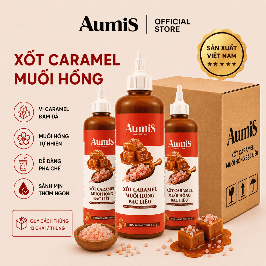 Xốt Caramel Muối Hồng Aumis 640gr – Thùng 12 Chai – Mặn Ngọt Hài Hòa, Pha Cà Phê – Trà Sữa Đa Dụng