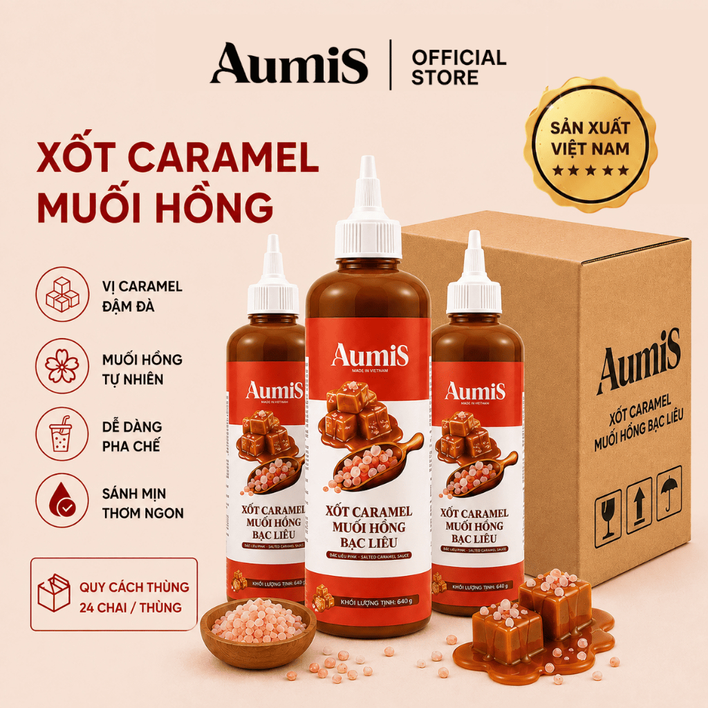 Xốt Caramel Muối Hồng Aumis 640gr – Thùng 24 Chai – Mặn Ngọt Hài Hòa, Pha Cà Phê – Trà Sữa Đa Dụng