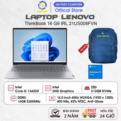 Laptop Lenovo ThinkBook 16 G9 IRL 21US008FVN, Core i5-13420H, 16GB RAM, 512GB SSD, 16.0 FHD+ IPS, Win11