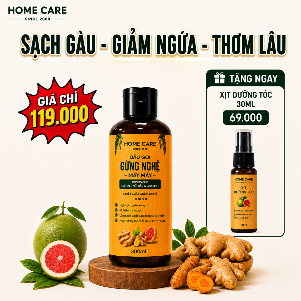 [TẶNG XỊT MỌC TÓC] Dầu Gội Giảm Gãy Rụng, Sạch Gàu Ngứa, Dưỡng Tóc Mềm Mượt Gừng Nghệ Bưởi 300ml