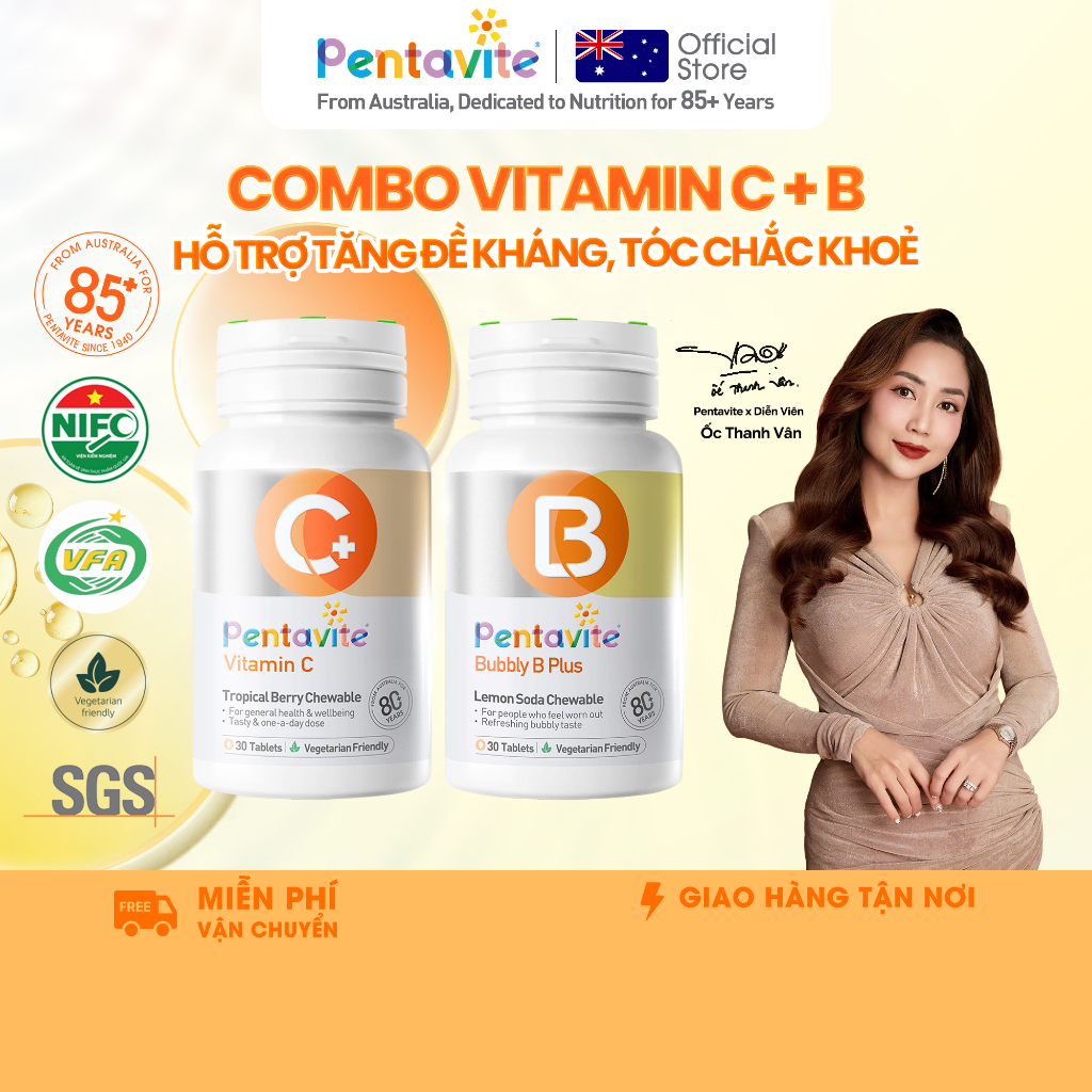 Pentavite Bộ 2 chai  (Bubbly B + Vitamin C) 60 viên nhai, bổ sung Vitamin B Complex và Vitamin C, hư