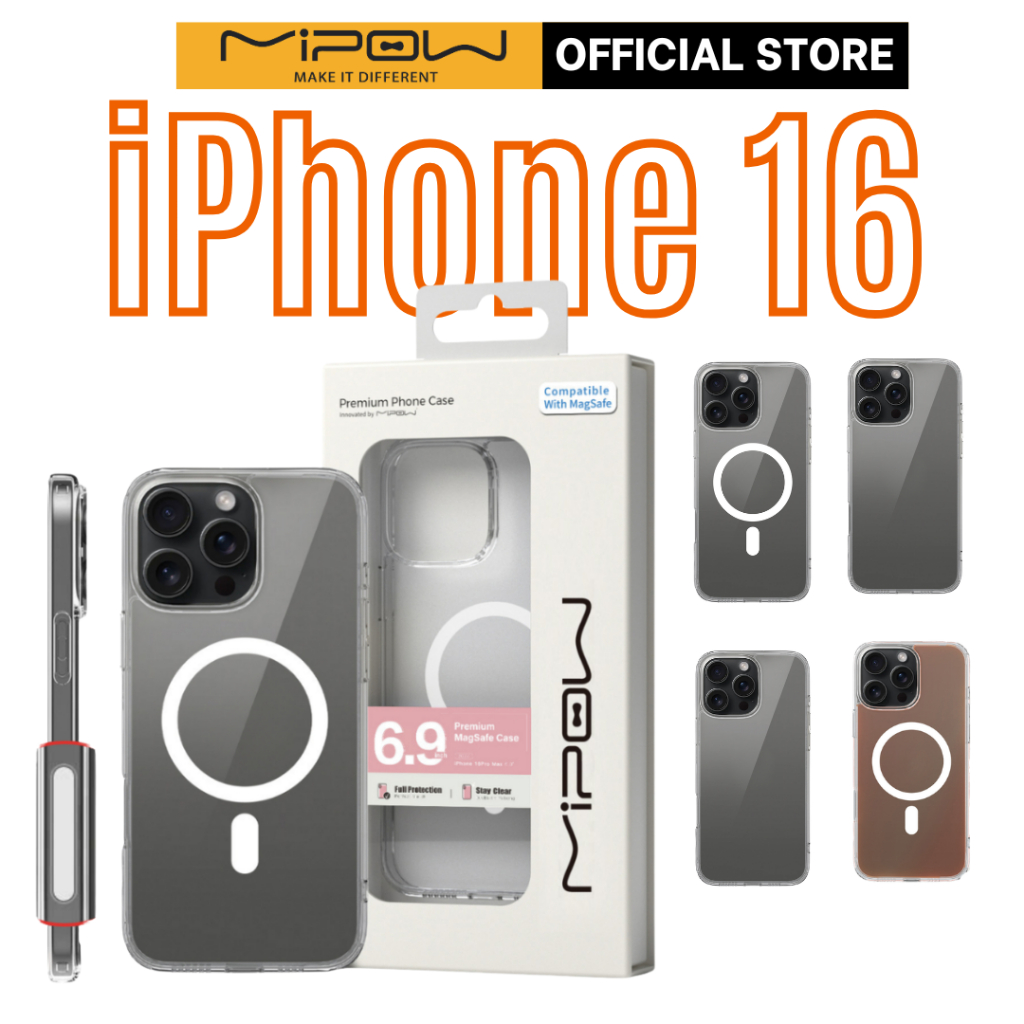 Ốp Lưng Trong Suốt Mipow Cho iPhone 16 Chính Hãng, Chống Ố Vàng, Chống Sốc, MagSafe/Không MagSafe