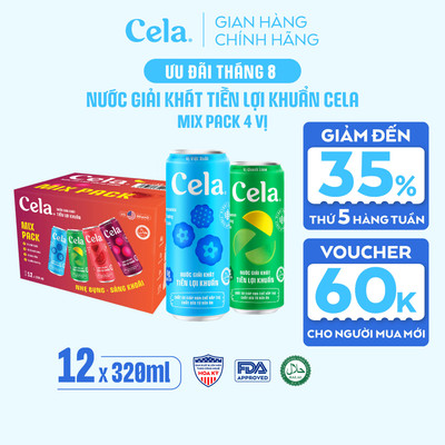 Thùng 12 Lon Nước Giải Khát Tiền Lợi Khuẩn Cela Mix 4 Vị 320ml ÍT ĐƯỜNG Bổ Sung KOMBUCHA, CHẤT XƠ Giảm Hấp Thụ Chất Béo