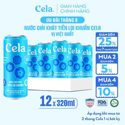 Thùng 12 Lon Nước Giải Khát Tiền Lợi Khuẩn Cela Việt Quất 320ml ÍT ĐƯỜNG Bổ Sung KOMBUCHA, CHẤT XƠ Giảm Hấp Thụ Chất Béo