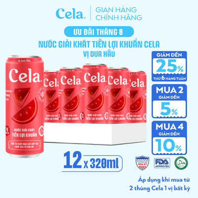 Thùng 12 Lon Nước Giải Khát Tiền Lợi Khuẩn Cela Dưa Hấu 320ml ÍT ĐƯỜNG Bổ Sung KOMBUCHA, CHẤT XƠ Giảm Hấp Thụ Chất Béo