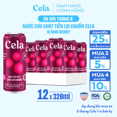 Thùng 12 Lon Nước Giải Khát Tiền Lợi Khuẩn Cela Nho Berry 320ml ÍT ĐƯỜNG Bổ Sung KOMBUCHA, CHẤT XƠ Giảm Hấp Thụ Chất Béo