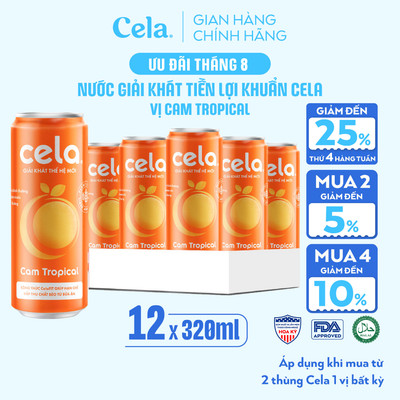 Thùng 12 Lon Nước Giải Khát Tiền Lợi Khuẩn Cela Cam 320ml ÍT ĐƯỜNG Bổ Sung KOMBUCHA, CHẤT XƠ Giảm Hấp Thụ Chất Béo
