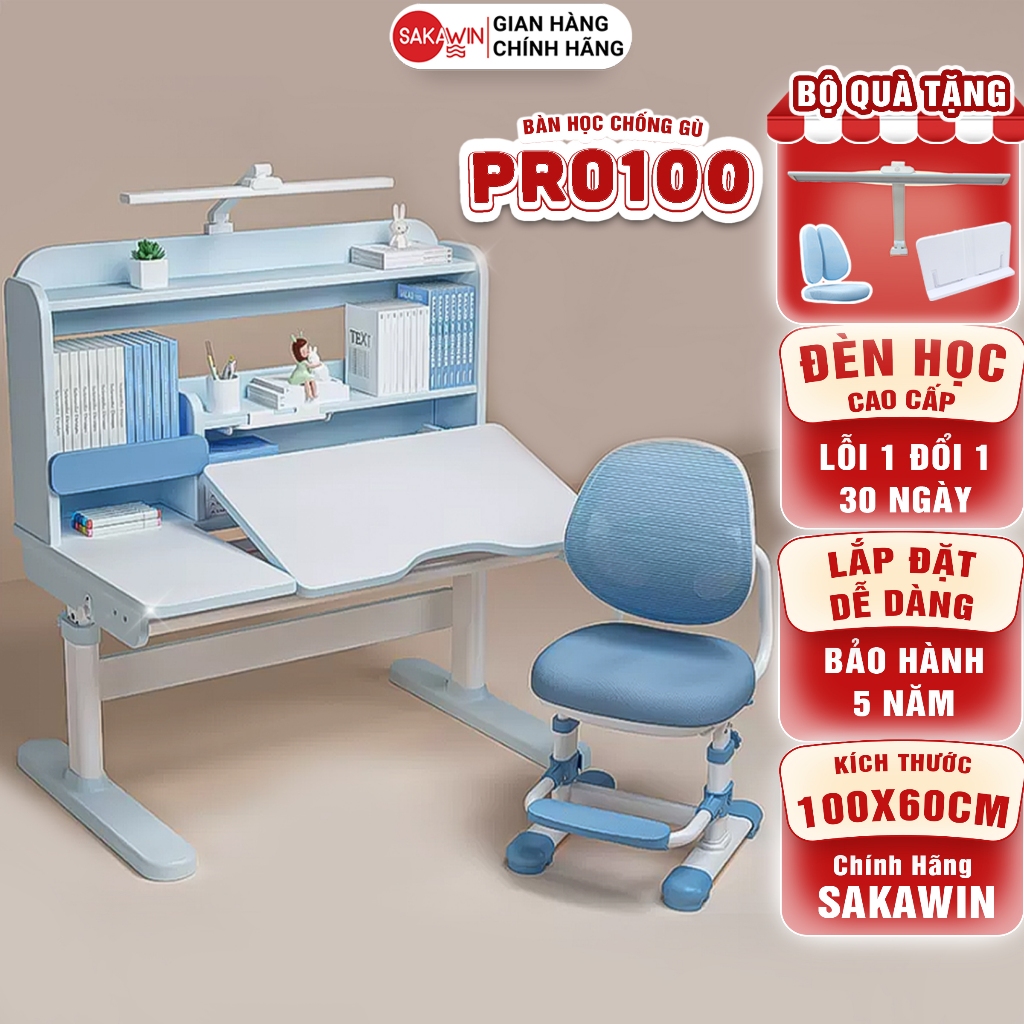 Bộ bàn học chống gù cho bé Sakawin Pro100 Bàn học thông minh Nâng hạ chiều cao bằng tay quay Kích thước 1m