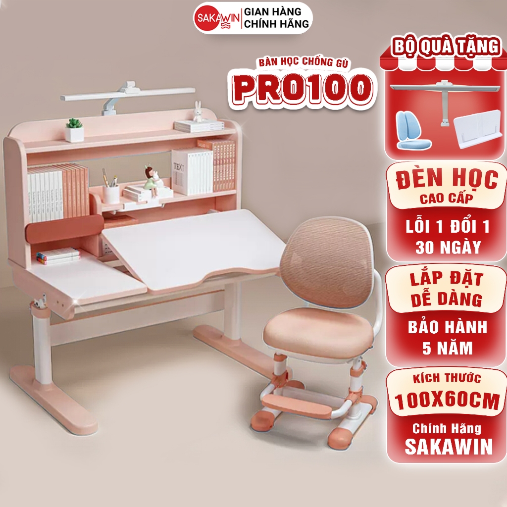 Bộ bàn học sinh thông minh Sakawin Pro100 Cốt gỗ tự nhiên cao cấp, Mặt bàn xẻ đôi size 100cm