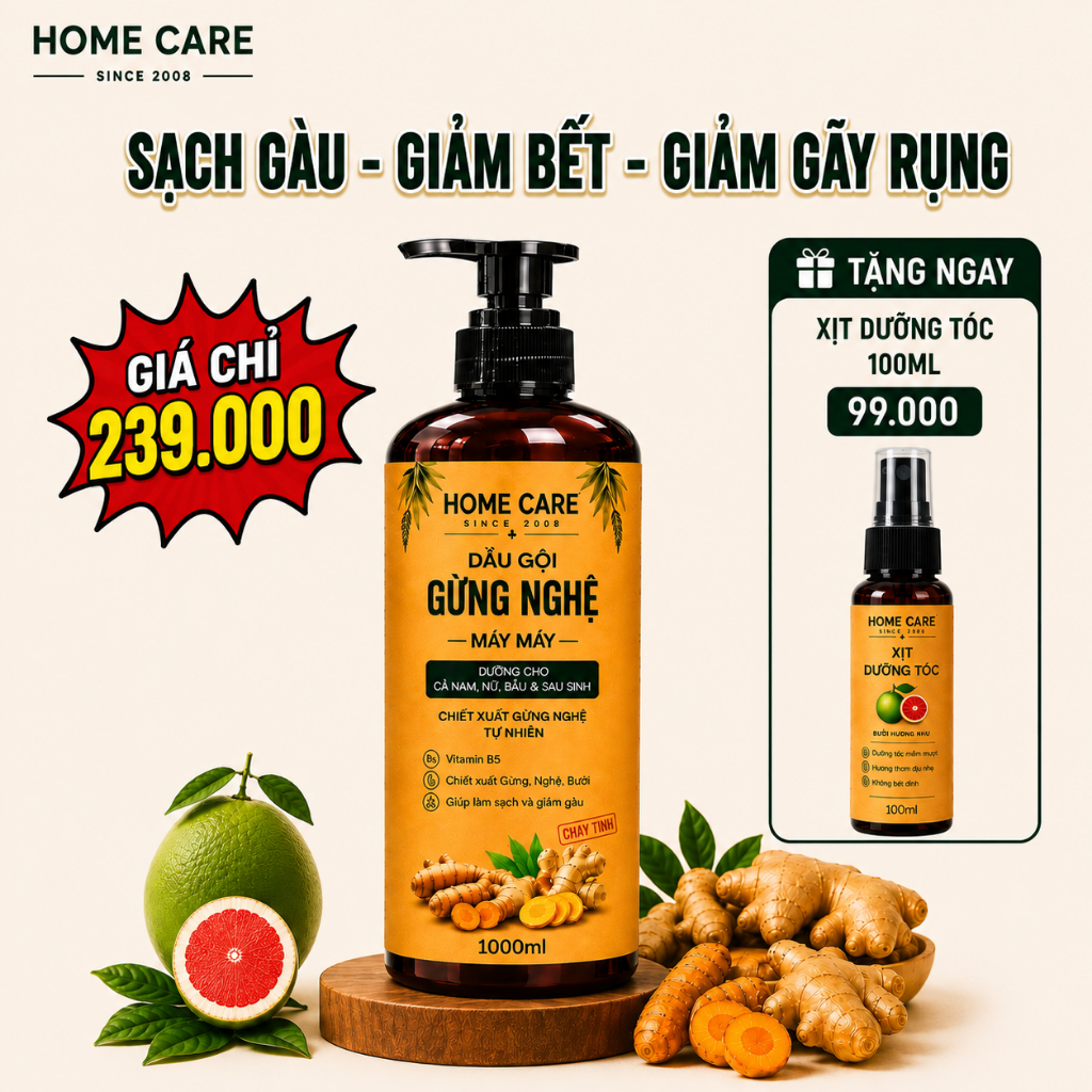 Dầu Gội Gừng Nghệ Bưởi Giảm Gãy Rụng, Sạch Gàu, Dưỡng Tóc Mềm Mượt HomeCare 500ml