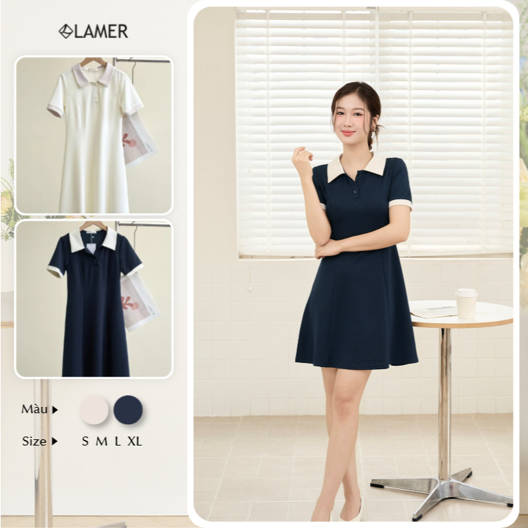 Đầm Nữ Công Sở Dáng Ngắn LAMER FASHION Cộc Tay Phối Cổ Bẻ Trẻ Trung O63R26H018