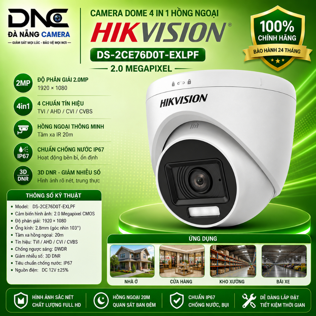 Camera dùng nhiều đầu ghi Dome 4 in 1 hồng ngoại 2.0 Megapixel HIKVISION DS-2CE76D0T-EXLPF