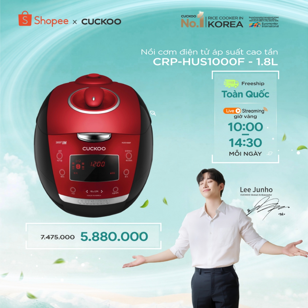 Nồi cơm điện tử áp suất cao tần Cuckoo 1.8 lít CRP-HUS1000F màu đỏ- lòng nồi chống dính cao cấp phủ 
